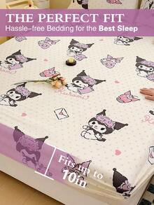 Sanrio 1 szt. Prześcieradło z dopasowaną gumką z uroczym nadrukiem kreskówkowym, pościel Kuromi/Cinnamoroll/Hello Kitty, ochraniacz na materac, narzuta na łóżko, prześcieradło z dopasowaną gumką, wygodny materiał tekstylny do domu, oddychający, antypoślizgowy ochraniacz na materac, dekoracja do domu, pasuje do wszystkich rozmiarów łóżek – jednoosobowego, dwuosobowego, dwuosobowego, królewskiego, odpowiedniego na każdą porę roku, pyłoszczelna narzuta na łóżko, nadaje się do prania w pralce - Biały - Zobacz 3