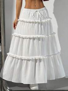 Women's Solid Color High Waist Tie Ruffled Hem Maxi Skirt – Wearable All Year Round, Tiered Flowy Boho, Elastic Drawstring Waist, Lightweight Crinkle Fabric - White - View 5