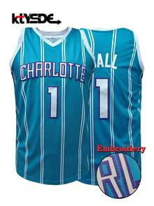 Maillot de basket n°1 pour hommes, Top de sport ample à encolure ras-du-cou sans manches avec broderie de la lettre Charlotte - Bleu ciel - Voir 1