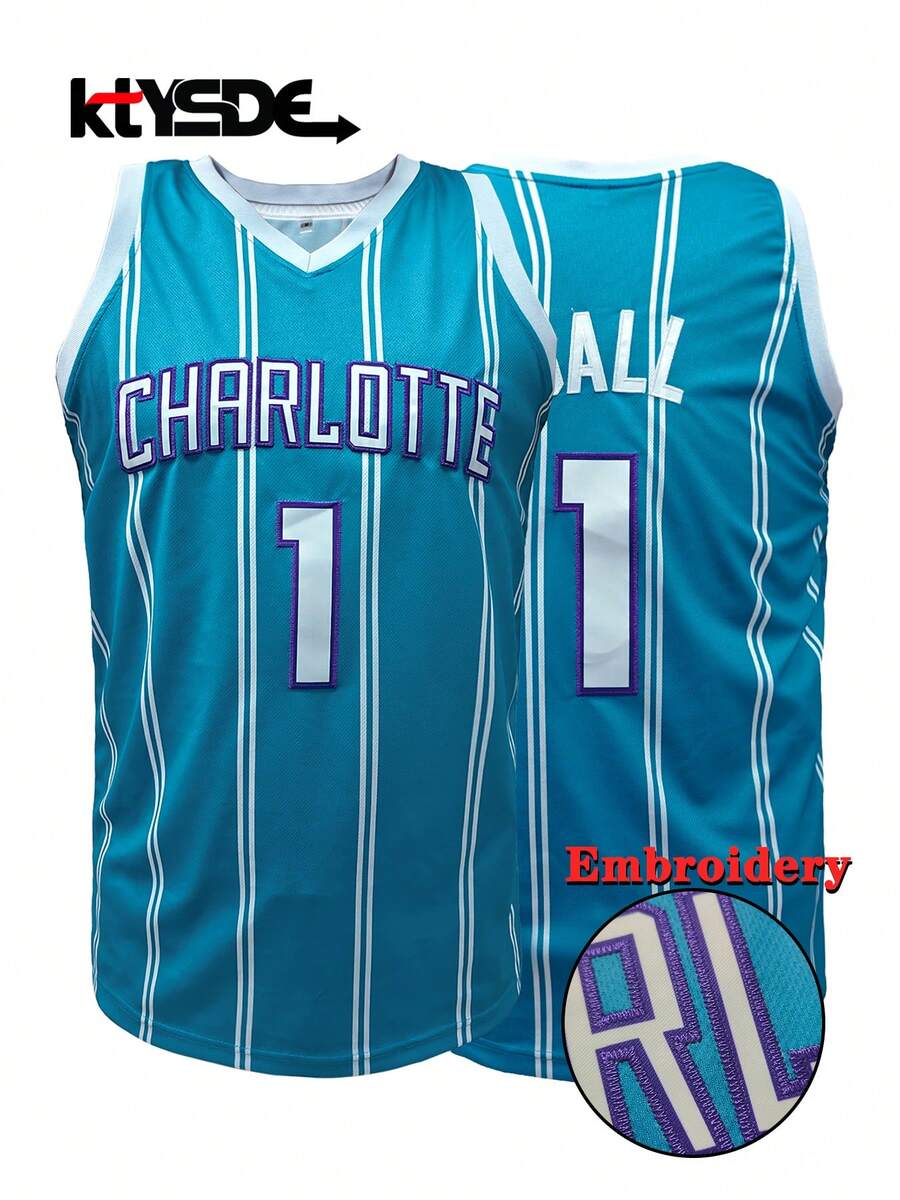 Maillot de basket n°1 pour hommes, Top de sport ample à encolure ras-du-cou sans manches avec broderie de la lettre Charlotte - Bleu ciel - Voir 1