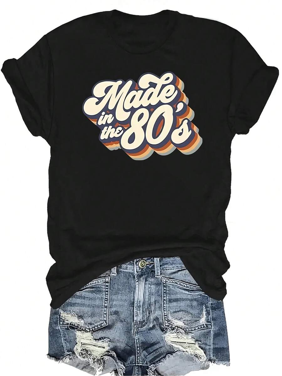 Camiseta de estilo de los 80, unisex, de verano, casual, transpirable, con personalidad, cuello redondo, manga corta, ropa de calle, versátil, adecuada para adolescentes y adultos - Negro - Ver 1