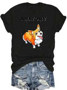 Camiseta de perrito Corgi con anatomía divertida, unisex, de verano, casual, transpirable, con personalidad, de cuello redondo, de manga corta, ropa de calle, versátil, adecuada para adolescentes y adultos - Negro - Ver 1