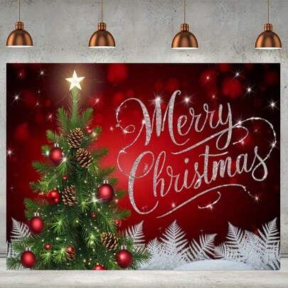 1 لافتة عيد الميلاد، تصميم عيد الميلاد المجيد، خلفية حمراء مع أشجار خضراء وبلورات الثلج - ديكور عطلة متعدد الاستخدامات للمنزل والحفلات وخلفية الاستوديو، أحجام متعددة، لا يتطلب طاقة