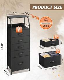 Tall Night Stand With 5 Fabric Drawers, Bedroom Nightstand With 5 Drawers & 2 Open Shelves, Fabric Dresser Organizer, Sturdy Steel Frame Bedside Table - màu đen - Xem 3