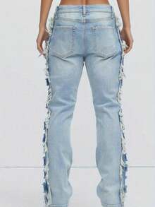 Men's Denim Ripped Trousers Side Stripe Furry Edge Low Waist Loose Casual Long Trousers Belt Pocket