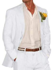 2 Piece Linen Suits For Men Slim Fit Casual Beach Wedding Summer Grooms Groomsmen Linen Blazer Pants Suithalloween - 白色 - 查看 1