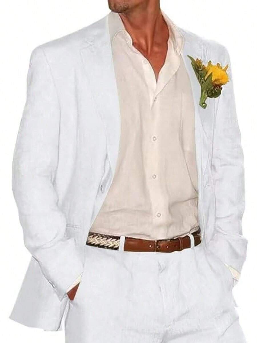 2 Piece Linen Suits For Men Slim Fit Casual Beach Wedding Summer Grooms Groomsmen Linen Blazer Pants Suithalloween - 白色 - 查看 1