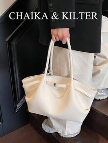 CHAIKA & KILTER 1 件纯色 PU 皮革单肩包，女式复古休闲手提包，褶皱设计，可调节腰带，双手柄，磁扣，适合旅行、购物、约会、送给女性、青少年、大学生、初学者和办公室工作人员的礼物，非常适合办公室、学校、工作、商务、通勤、户外、旅行、野餐 - 白色 - 查看 5