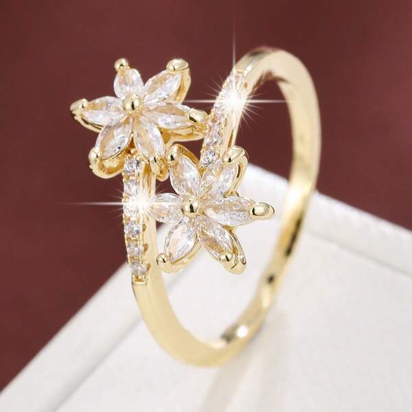 1 peça anel feminino com design de flor de pêssego e zircônia cúbica incrustada