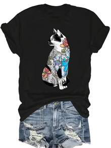 Camiseta con diseño de gato en loto Unisex, de verano, casual, transpirable, de personalidad, de cuello redondo, de manga corta, de uso versátil, adecuada para adolescentes y adultos - Negro - Ver 1