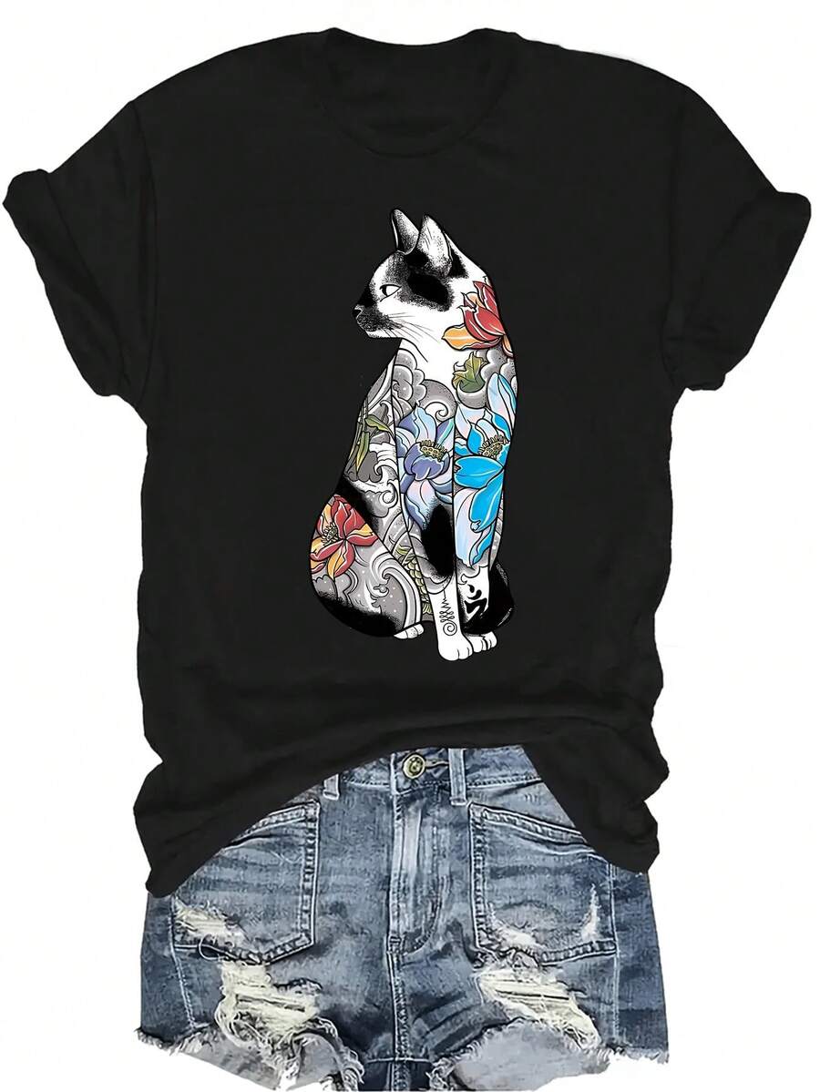 Camiseta con diseño de gato en loto Unisex, de verano, casual, transpirable, de personalidad, de cuello redondo, de manga corta, de uso versátil, adecuada para adolescentes y adultos - Negro - Ver 1