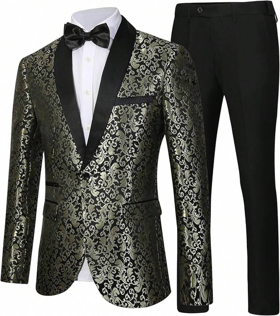 Men's Floral Dinner Party Prom Wedding Stylish Suits For Men One Button Dinner Jacket Pants Sethalloween - 金色-2件 - 查看 1