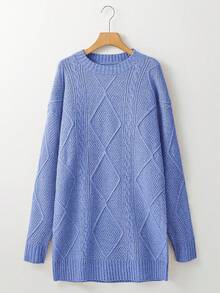 Acelitt Autumn/Winter Women's Solid Color Knitted Textured Pattern Dropped Shoulder Oversized Sweater Dress, Order One Size Down - Blue - View 6