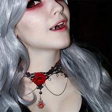 4 件套黑色吸血鬼项链、手链和耳环套装，朋克哥特式复古女士派对珠宝，万圣节 - 彩色 - 查看 5
