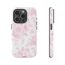 1 Pc French Toile De Jouy Tough Phone Case, Light Pink And White Floral Tough Phone Case For IPhone 15Pro, 14, 13, 12, 11, 8, XR Mini, Pro Max, Plus Accessories Protection Flower Case - trắng - Xem 2