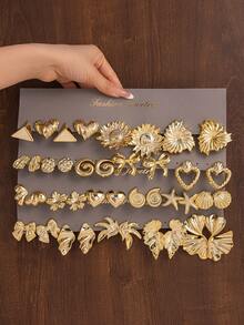 Vintage Thick Gold Tone Earring Set (2-40pcs) - Big Triangle/Heart + Thin Large Sunflower/Leaf + Small Bow/Flower, Suitable For Daily Wear, Autumn/Winter, Party - Gold - View 1