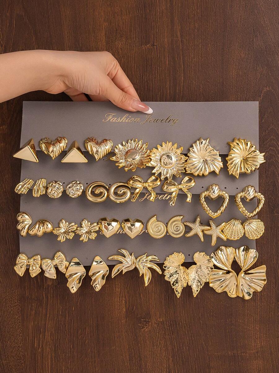 Vintage Thick Gold Tone Earring Set (2-40pcs) - Big Triangle/Heart + Thin Large Sunflower/Leaf + Small Bow/Flower, Suitable For Daily Wear, Autumn/Winter, Party - Gold - View 1