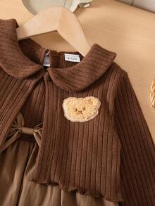 2pcs Baby Girls' Brown Collar Bow Decor Sleeveless Vest & Bubble Skirt Dress Set With Matching Long Sleeve Bear Jacket, Toddler Autumn Outfit - Coffee Brown - View 5