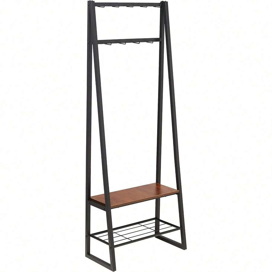 9-Hook Coat Rack With Shoe Bench And 2-Tier Storage, 70.1 X 33 X 175.2 Cm, Black - Default - View 1