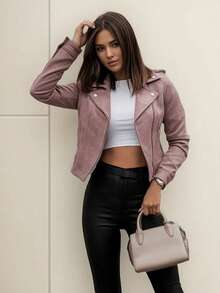 休闲复古斜拉链仿麂皮绒短款夹克 - 淺粉色 - 查看 3