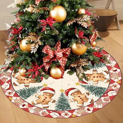 1 pieza Falda para árbol de Navidad con tema de fiesta, diseño de hombre de jengibre a cuadros rojos y rosas, falda de árbol de poliéster de 60/90 cm, decoración para interiores y exteriores, para crear ambiente navideño, decoración para fiestas festivas, decoración de restaurantes navideños, falda de árbol de poliéster adecuada para uso diario, festividades, fiestas, cumpleaños, bodas, cenas, decoración de sala de estar y textiles para el hogar, decoración navideña, decoración del hogar, decoración de sala de estar, decoración de otoño