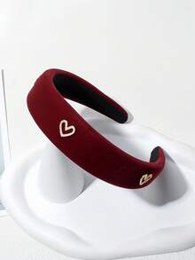 1pc Women's Black Velvet Wide Headband With Heart Rhinestone Decor, Elegant & Sweet Fashion For School, Party, Dance, Daily Wear