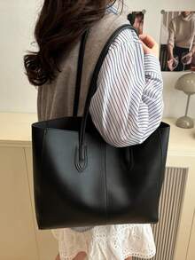 2 chiếc túi xách đeo vai lót chần bông màu đen cho nữ, túi xách kết hợp dung tích lớn thời trang có khóa bấm, phong cách đường phố giản dị cho việc đi làm hàng ngày - màu đen - Xem 5