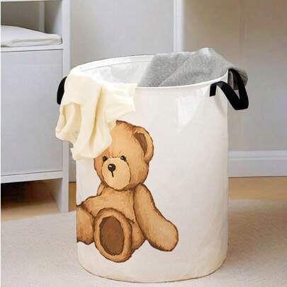 1 pezzo Cesto di stoccaggio pieghevole e rotondo con stampa di animali dei cartoni animati e manico, contenitore di stoccaggio multifunzionale per bagno, camera da letto, lavanderia, giocattoli, articoli per la casa, cesto per biancheria sporca pieghevole