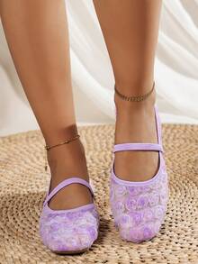 Fall/Winter Elegant Rose Flower Square Toe Lace Mesh Women's Shoes, Outdoor Casual Wedding Party Breathable Hollow Flat Ballet Flats, Versatile Loafers,Mary Jane - Purple - View 3