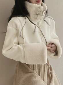 百搭复古仿羊羔绒和麂皮长袖外套，冬季 - 杏色 - 查看 1