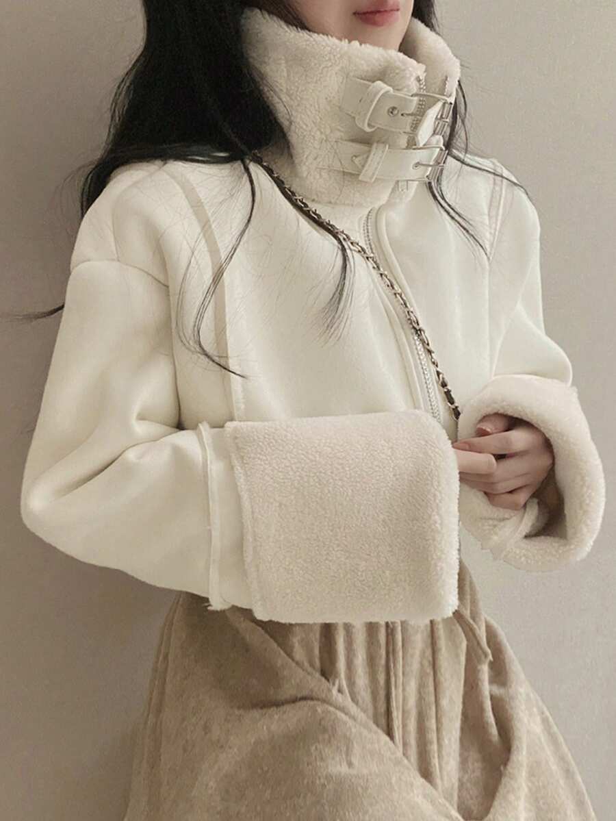 百搭复古仿羊羔绒和麂皮长袖外套，冬季 - 杏色 - 查看 1