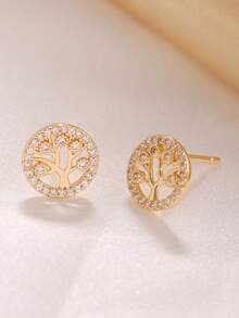 1 Pair Golden Metal Tree Of Life 5A Cubic Zirconia Hollow Elegant Earrings - Yellow Gold - View 8