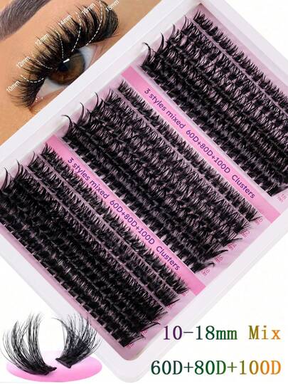 300/290/270 束，15 排，每排 60/80/100 根，簇状自然水貂毛假睫毛，长度 10-18 毫米混合，3D 俄式浓密单根嫁接睫毛，黑色，热熔胶扇形包装，适合在家 DIY，也适合旅行、日常佩戴（适合初学者）、婚礼、约会、派对、节日等场合，非常适合作为圣诞节/万圣节/礼物睫毛套装。