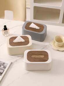 1pc Nordic Minimalist Style Large Capacity Tissue Box With Spring And Wooden Lid. Can Accommodate 99% Of Tissue Sizes, Suitable For Storing Facial Tissues, Wet Wipes And Daily Tissues. Also An Ideal Home Decor Choice For Bathroom, Bedroom, Living Room, Office, And As A Gift For Halloween, Thanksgiving, Christmas, National Day And Other Holidays. - Multicolor - View 3