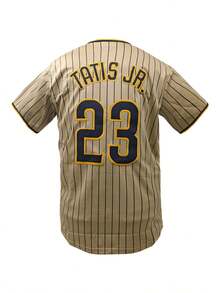 KTYSDE Men's #23 Brown Striped Baseball Jersey, Loose Fit V-Neck Short Sleeve Button-Down Sportswear With San Diego English Letter Embroidery, Suitable For Casual Daily Wear, Streetwear, Baseball, Golf Training, Fan Gift, Unisex