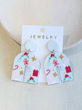 1 对女士圣诞饼干、冬青、圣诞老人拐杖糖、圣诞树印花亚克力拱形耳环，可爱