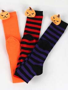 1 par de calcetines sobre la rodilla con diseño de calabaza y diablo, calcetines largos a rayas para mujer para días festivos, calcetines largos a rayas para cosplay