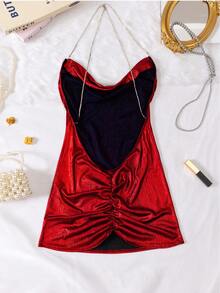 全新性感女士睡衣，带金属串珠流苏，露背性感内衣睡袍 - 酒紅色 - 查看 7