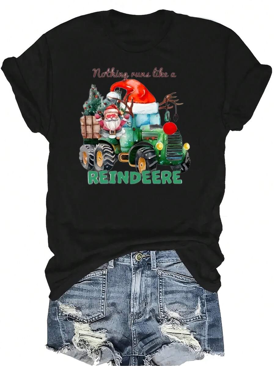Camiseta de reno Unisex de verano, casual, transpirable, de personalidad, cuello redondo, manga corta, ropa de calle, versátil, adecuada para adolescentes y adultos - Negro - Ver 1