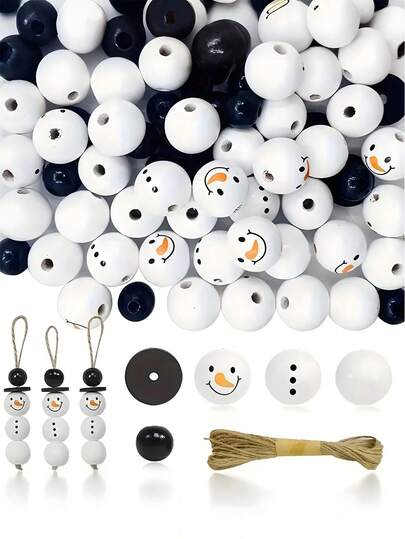 100 حبة - خرز خشبي بشكل رجل الثلج للكريسماس، خرز خشبي للكريسماس DIY، خرز خشبي دائري مطبوع بطباعة ، خرز خشبي دائري أبيض شتوي غير مكتمل مع حبل من الكتان للزينة DIY لحفلات والهدايا والديكور المنزلي وزينة شجرة والحفلات والديكور الخارجي للحديقة