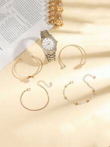 Set de 5 relojes de cuarzo casuales con esfera de diamantes de imitación para mujeres + pulsera de flor de perla, regalo de graduación de verano, regalo de vacaciones, sin caja de regalo - Multicolor - Ver 3