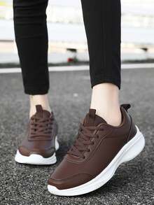 Women's Lightweight Black Casual Sneakers, Breathable, Waterproof, Comfortable Thick Sole, Fashionable Solid Color Synthetic Leather Non-Slip Low-Top Leisure Shoes, Suitable For All Seasons, Size 35-45
