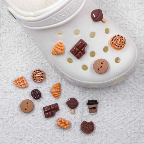 10 Stücke/Set Schokoladen-Keks, Kaffeebohne, Brot Dessert Essen Schuh Dekor, süßer Mädchenstil, Outdoor Schuhe Stiefel Dekor Accessoires, abnehmbare Knopf Dekorationen, Spaß DIY Schuh Accessoires, geeignet für Männer&Frauen, Mädchen Clogs Dekoration