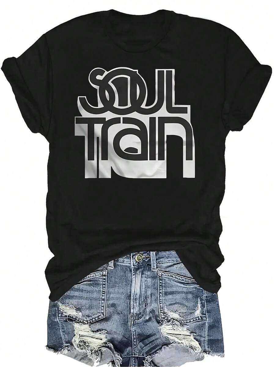 Camiseta SOUL TRAIN Unisex de verano, casual, transpirable, de personalidad, cuello redondo, manga corta, ropa de calle, versátil, adecuada para adolescentes y adultos - Negro - Ver 1