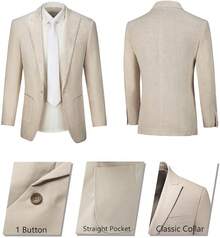 Mens Linen Suits 2 Piece Beach Wedding Blazer Summer Grooms Classic Lightweight Breathable Jacket Pantshalloween - Xanh nhạt - Xem 2