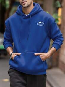 بلوزة هوديي رجالية بسيطة للخريف/الشتاء مع طباعة شعار الجبل وجيب وسحاب