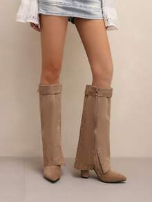 女士尖头高跟高筒靴，2025 年秋冬新品系列，米色和黑色弹力修身过膝粗跟拉链高筒靴，女士时尚靴子 - 杏色 - 查看 3