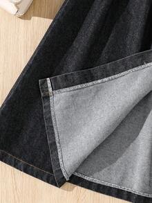 Girl's Casual Minimalist Front Button A-Line Denim Maxi Skirt, Suitable For Outings And Gatherings, All Seasons