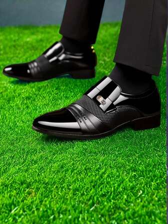 Elegant Black Patent Leather Low-Heel Dress Shoes - Sophisticated Design, Premium PU Material, Snap Closure, And Versatile Style For Weddings, Parties, And Office Wea