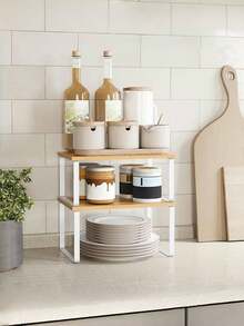 1个可堆叠橱柜收纳架，多功能木质桌面储物架，可扩展台面收纳架，厨房食品储藏架，橱柜上方浴室置物架，厨房台面及悬挂式收纳架，终极厨房收纳工具 - 节省空间的可扩展储物架，厨房收纳整理架，适用于厨房、卧室、餐厅和客厅 - 彩色 - 查看 4